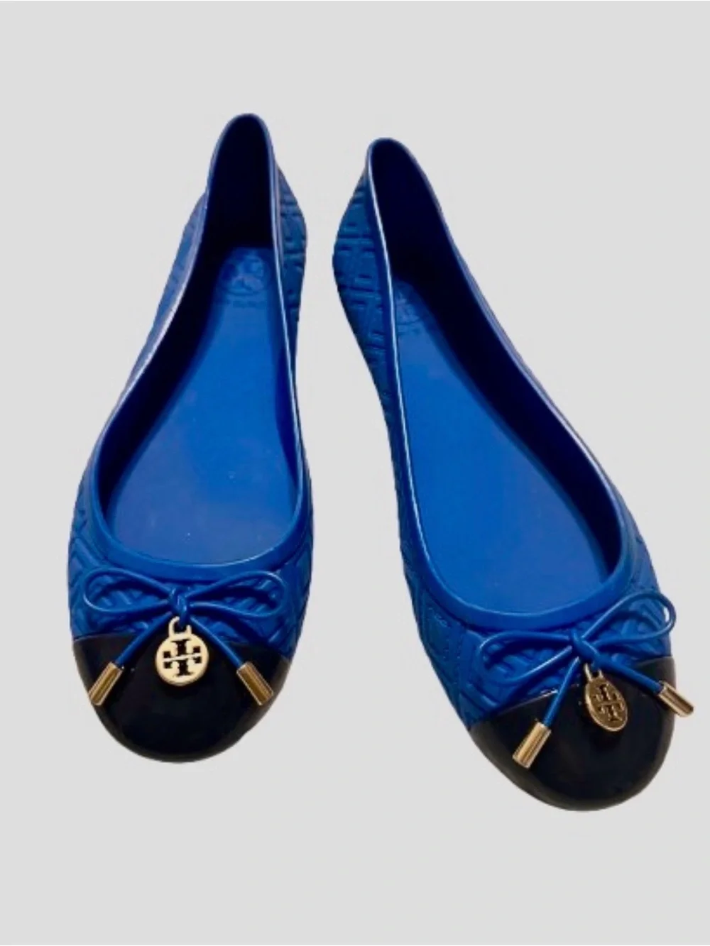 Tory Burch Royal Blue Ballet Flats with Black Cap-Toe and Gold Logo